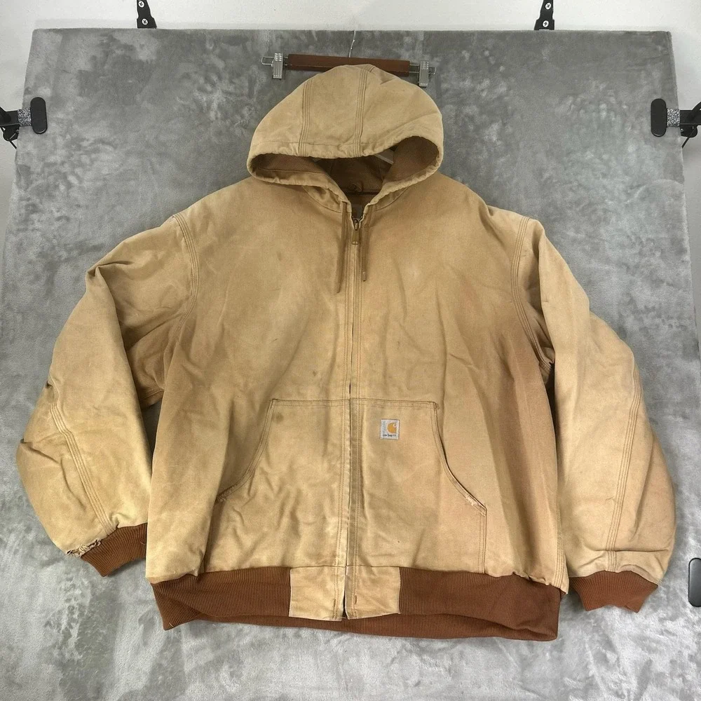 Vintage Carhartt Jacket Mens 2XL Beige Canvas Hooded Full Zip Workwear USA